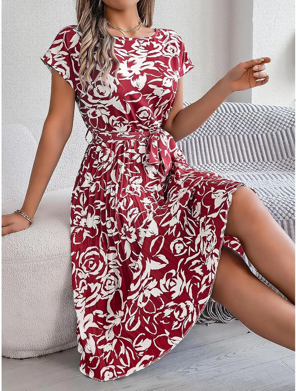 Women's Summer Casual Midi Dress Elegant Floral Print Short Sleeve Round Neck Waistband Large Hem Pleated Dress