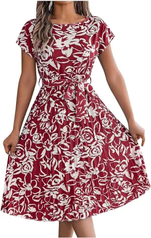 Women's Summer Casual Midi Dress Elegant Floral Print Short Sleeve Round Neck Waistband Large Hem Pleated Dress