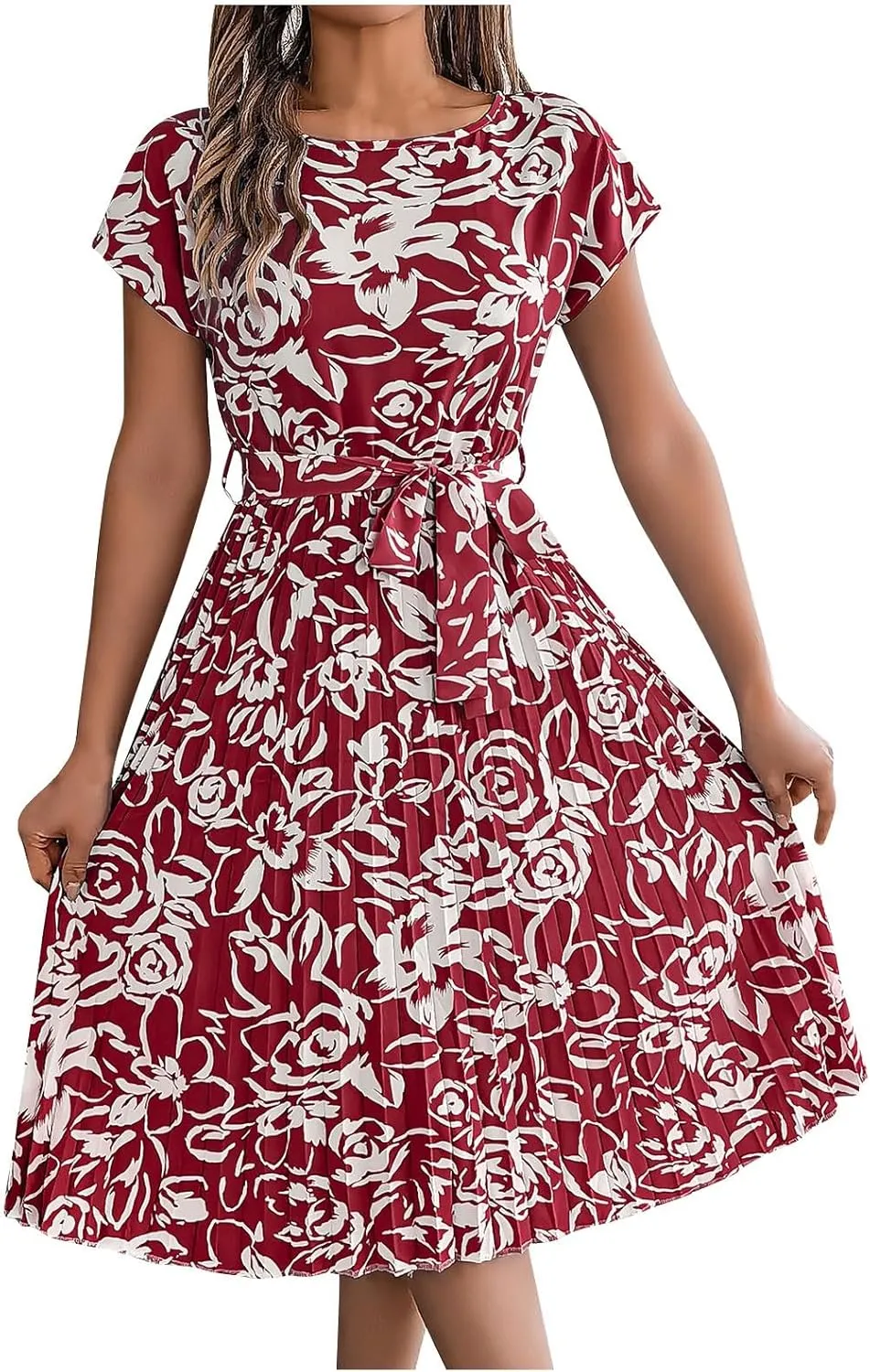 Women's Summer Casual Midi Dress Elegant Floral Print Short Sleeve Round Neck Waistband Large Hem Pleated Dress