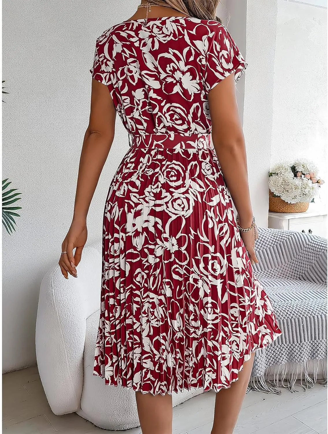 Women's Summer Casual Midi Dress Elegant Floral Print Short Sleeve Round Neck Waistband Large Hem Pleated Dress