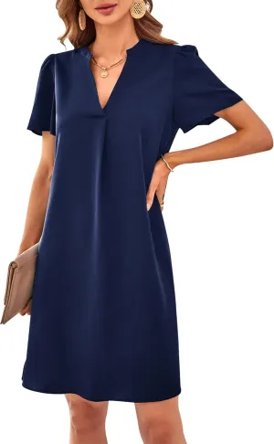 Womens Summer Casual Short Sleeve V Neck Cute Loose Shift Tunic Midi Dress