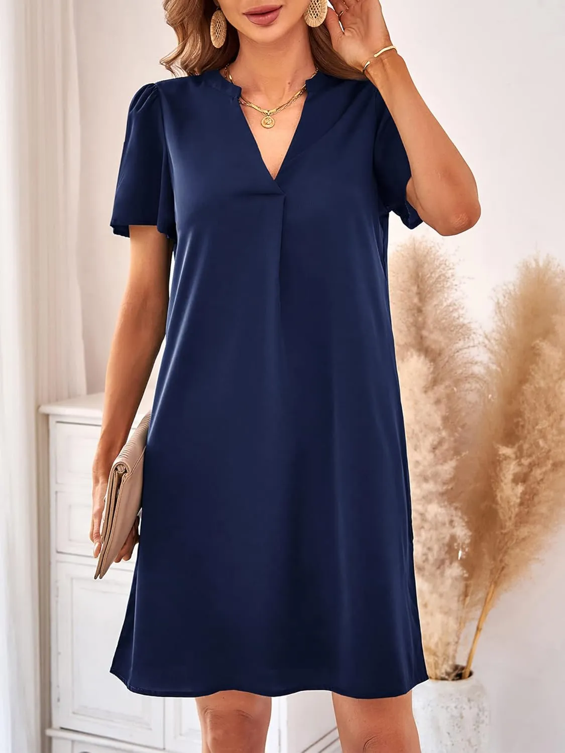Womens Summer Casual Short Sleeve V Neck Cute Loose Shift Tunic Midi Dress