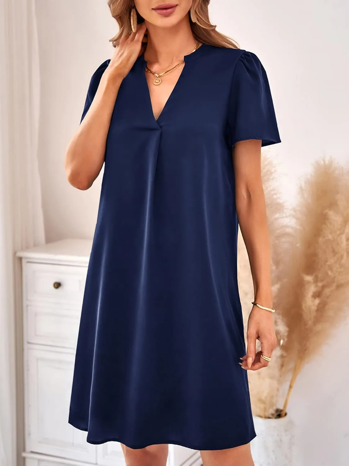 Womens Summer Casual Short Sleeve V Neck Cute Loose Shift Tunic Midi Dress