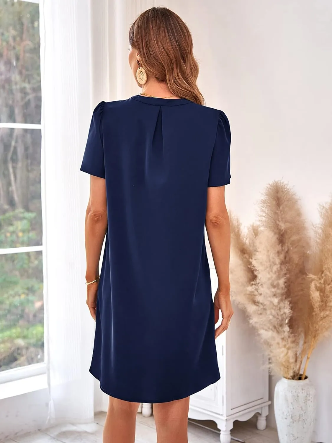 Womens Summer Casual Short Sleeve V Neck Cute Loose Shift Tunic Midi Dress