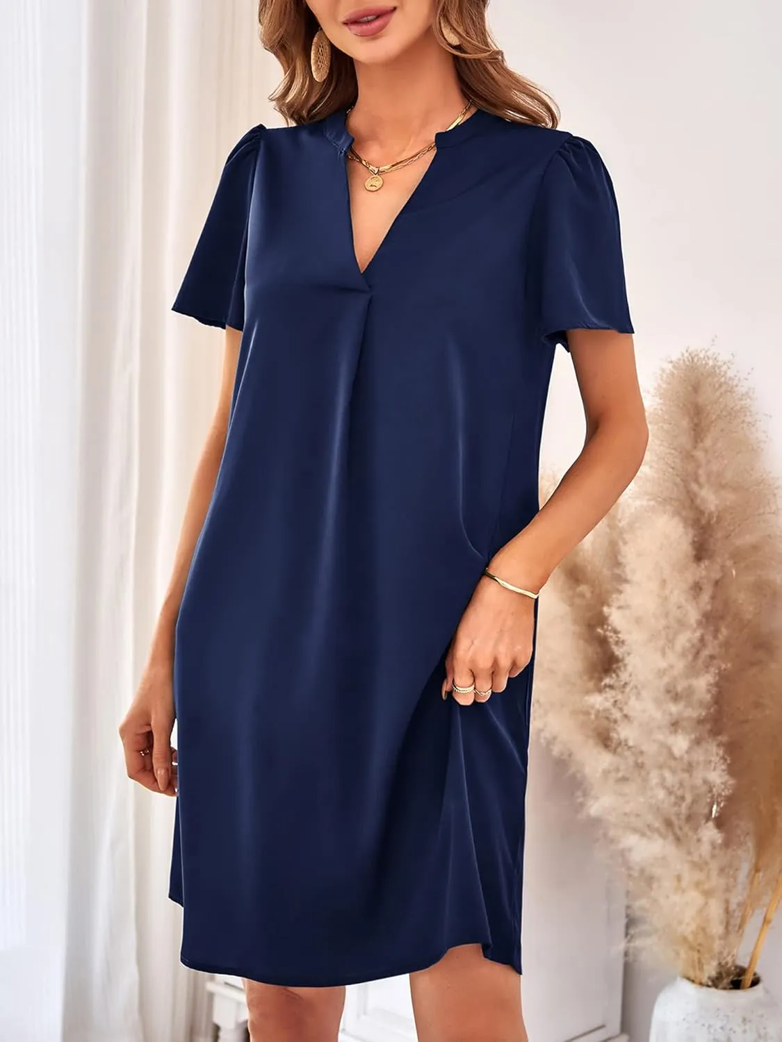 Womens Summer Casual Short Sleeve V Neck Cute Loose Shift Tunic Midi Dress