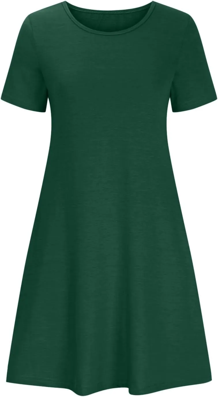 Womens Summer Casual Solid Dresses Beach Vacation Dresses Short Sleeve Tshirt Mini Dress with Pockets