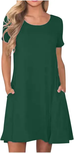 Womens Summer Casual Solid Dresses Beach Vacation Dresses Short Sleeve Tshirt Mini Dress with Pockets