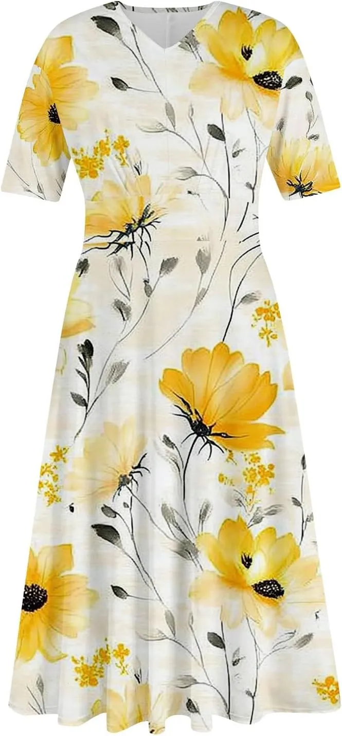 Women's Summer Casual Trendy Dress Short Sleeve V-Neck Bohemian Floral Print Elegant Maxi Dresses, S-2XL