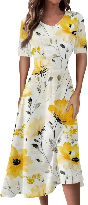 Women's Summer Casual Trendy Dress Short Sleeve V-Neck Bohemian Floral Print Elegant Maxi Dresses, S-2XL