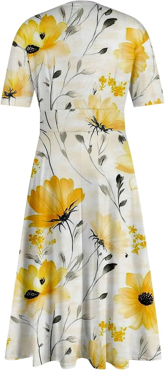 Women's Summer Casual Trendy Dress Short Sleeve V-Neck Bohemian Floral Print Elegant Maxi Dresses, S-2XL