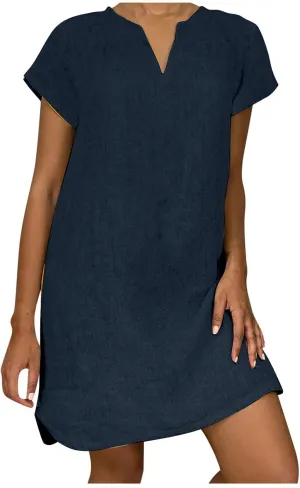 Womens Summer Cotton Linen Dresses Plus Size Casual V Neck Short Sleeve Midi Dress Floral Embroidery Shirt Dress