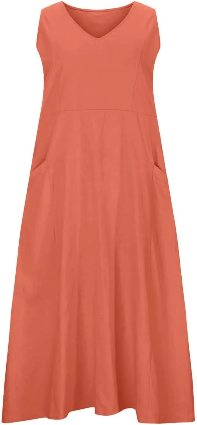 Womens Summer Cotton Linen Long Dress Sleeveless Elegant Flowy Dresses 2025 Plus Size Loose Comfy Dress with Pockets