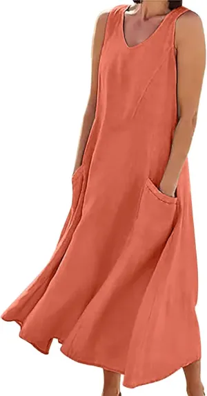 Womens Summer Cotton Linen Long Dress Sleeveless Elegant Flowy Dresses 2025 Plus Size Loose Comfy Dress with Pockets