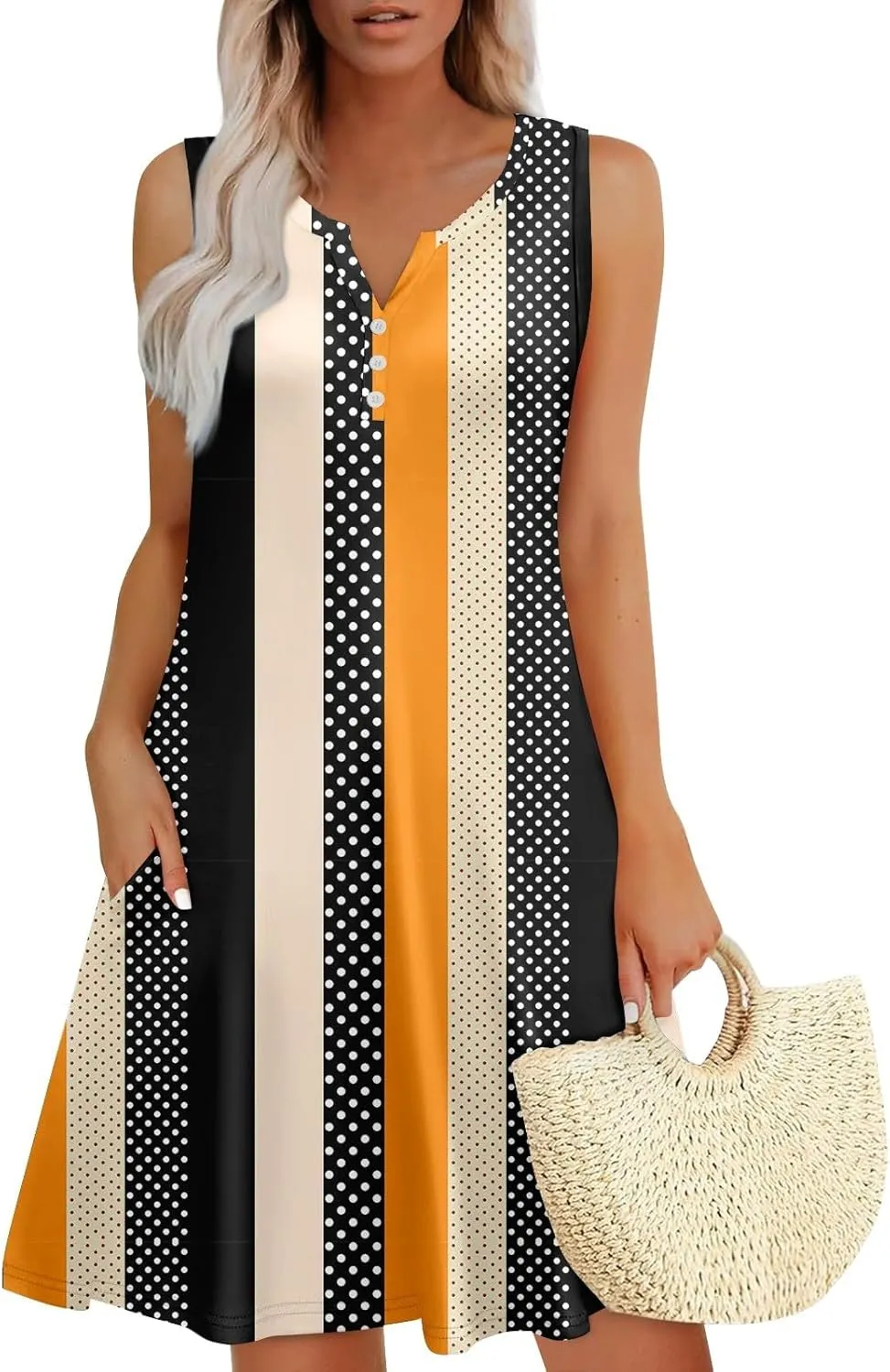 Womens Summer Dress 2025 Casual Solid/Floral Button Down V Neck Sleeveless Boho Beach A-Line Sundresses with Pockets