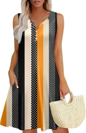 Womens Summer Dress 2025 Casual Solid/Floral Button Down V Neck Sleeveless Boho Beach A-Line Sundresses with Pockets