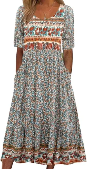 Womens Summer Dress V Neck Maxi Dresses Short Sleeve 2025 Vintage Floral Print Loose Fit Trendy Plus Size Dress