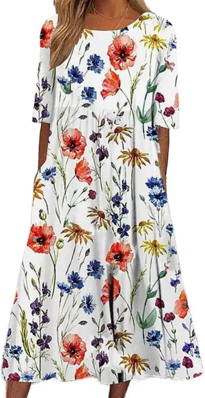 Womens Summer Dress V Neck Maxi Dresses Short Sleeve 2025 Vintage Floral Print Loose Fit Trendy Plus Size Dress