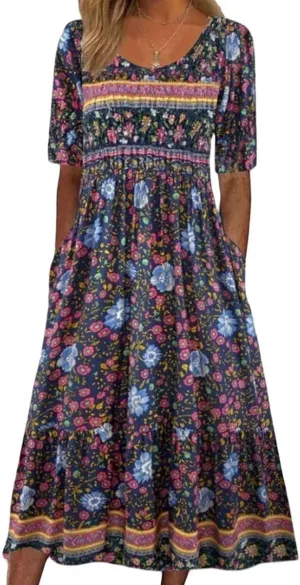 Womens Summer Dress V Neck Maxi Dresses Short Sleeve 2025 Vintage Floral Print Loose Fit Trendy Plus Size Dress