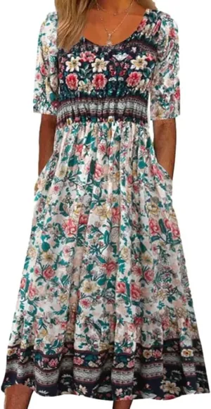 Womens Summer Dress V Neck Maxi Dresses Short Sleeve 2025 Vintage Floral Print Loose Fit Trendy Plus Size Dress