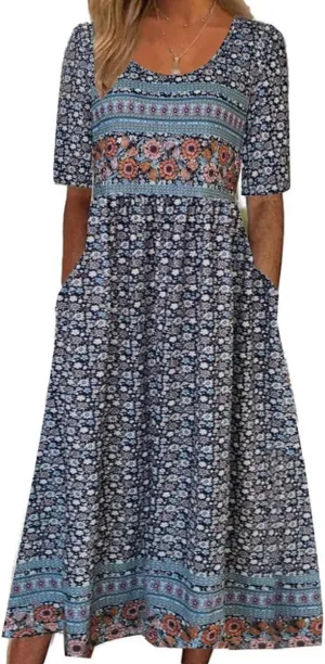 Womens Summer Dress V Neck Maxi Dresses Short Sleeve 2025 Vintage Floral Print Loose Fit Trendy Plus Size Dress
