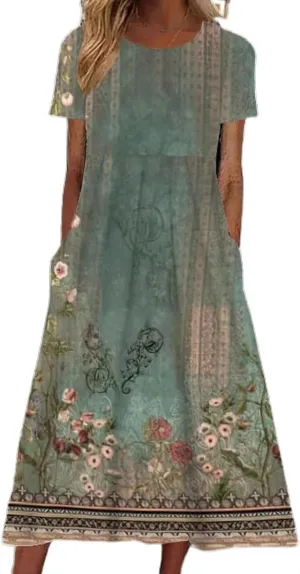 Womens Summer Dress V Neck Maxi Dresses Short Sleeve 2025 Vintage Floral Print Loose Fit Trendy Plus Size Dress