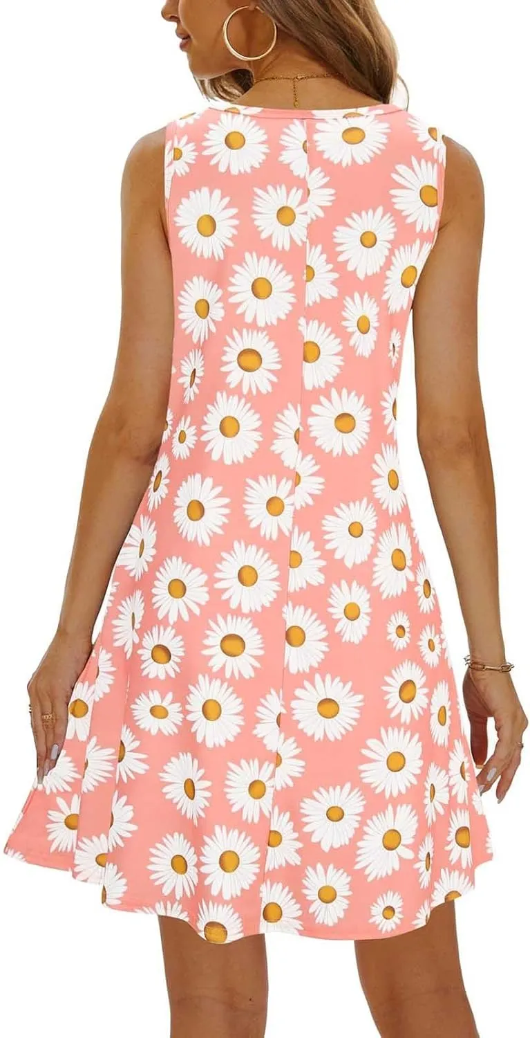 Womens Summer Dresses 2024 Casual Sleeveless Tshirt Sundresses Vacation Beach Floral Cover Up Dress with Pockets