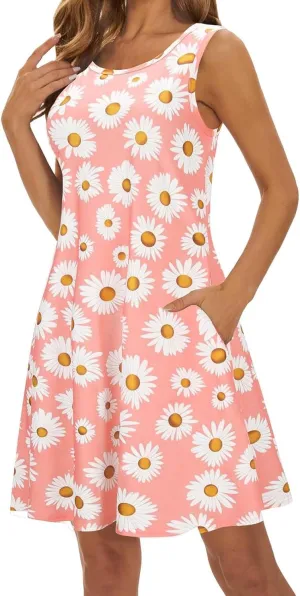 Womens Summer Dresses 2024 Casual Sleeveless Tshirt Sundresses Vacation Beach Floral Cover Up Dress with Pockets