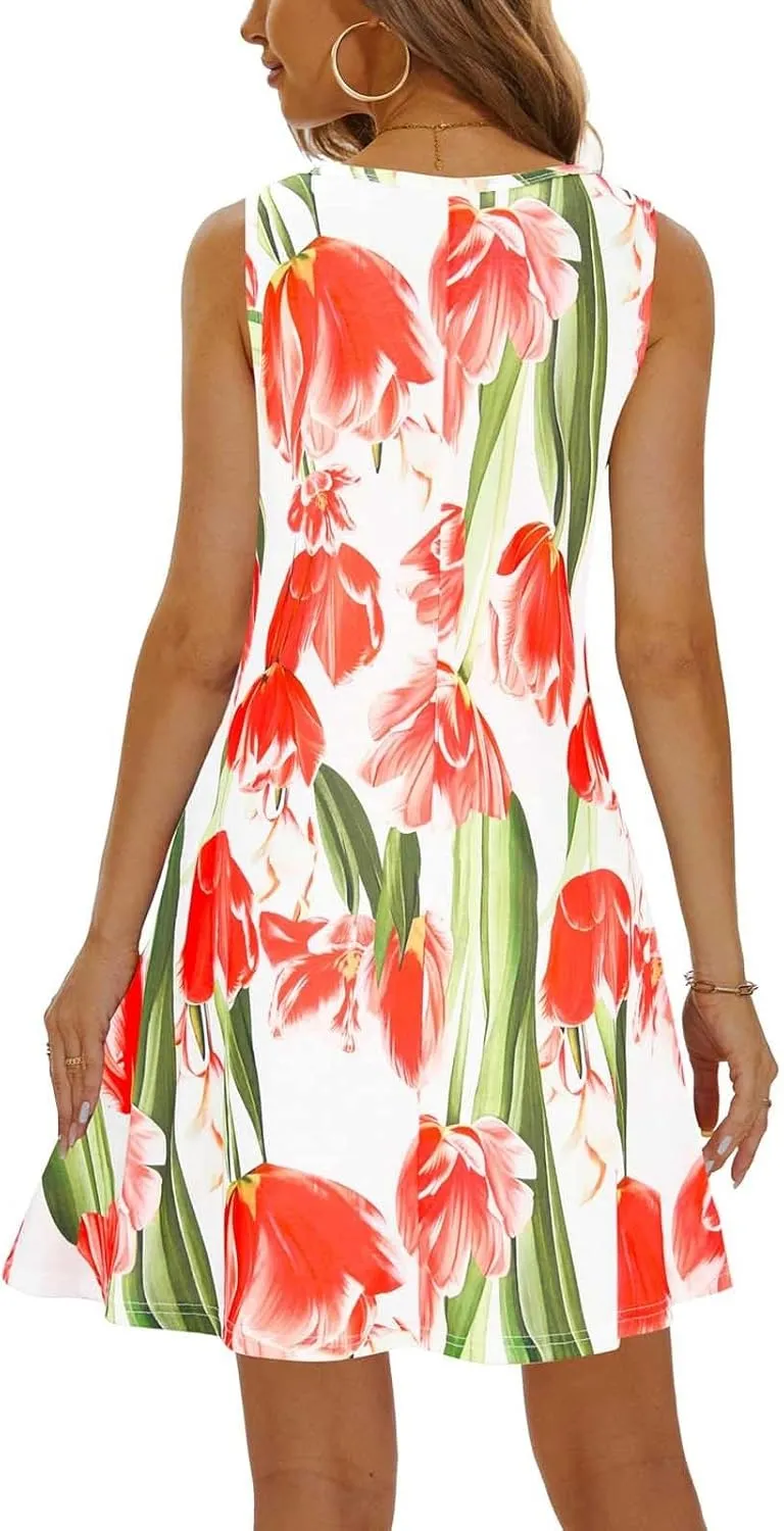 Womens Summer Dresses 2024 Casual Sleeveless Tshirt Sundresses Vacation Beach Floral Cover Up Dress with Pockets