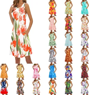 Womens Summer Dresses 2024 Casual Sleeveless Tshirt Sundresses Vacation Beach Floral Cover Up Dress with Pockets
