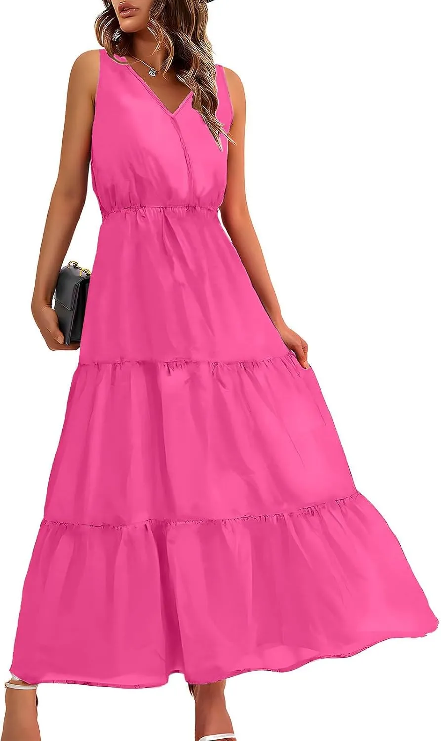 Womens Summer Dresses 2024 Casual Solid Color Sleeveless Maxi Dress Trendy Crewneck Wrap Sun Dress Summer Beach Outfits