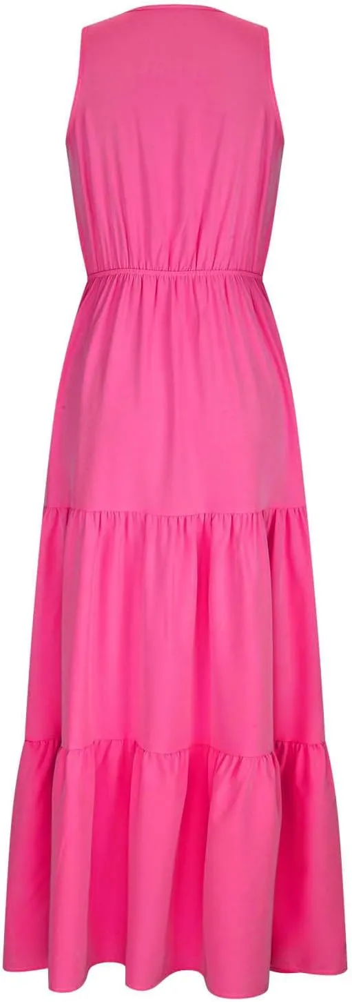 Womens Summer Dresses 2024 Casual Solid Color Sleeveless Maxi Dress Trendy Crewneck Wrap Sun Dress Summer Beach Outfits