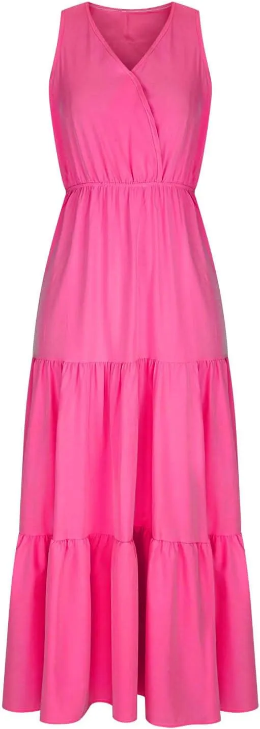 Womens Summer Dresses 2024 Casual Solid Color Sleeveless Maxi Dress Trendy Crewneck Wrap Sun Dress Summer Beach Outfits