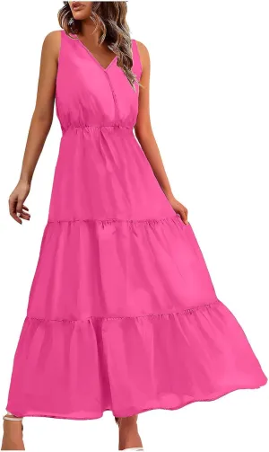 Womens Summer Dresses 2024 Casual Solid Color Sleeveless Maxi Dress Trendy Crewneck Wrap Sun Dress Summer Beach Outfits