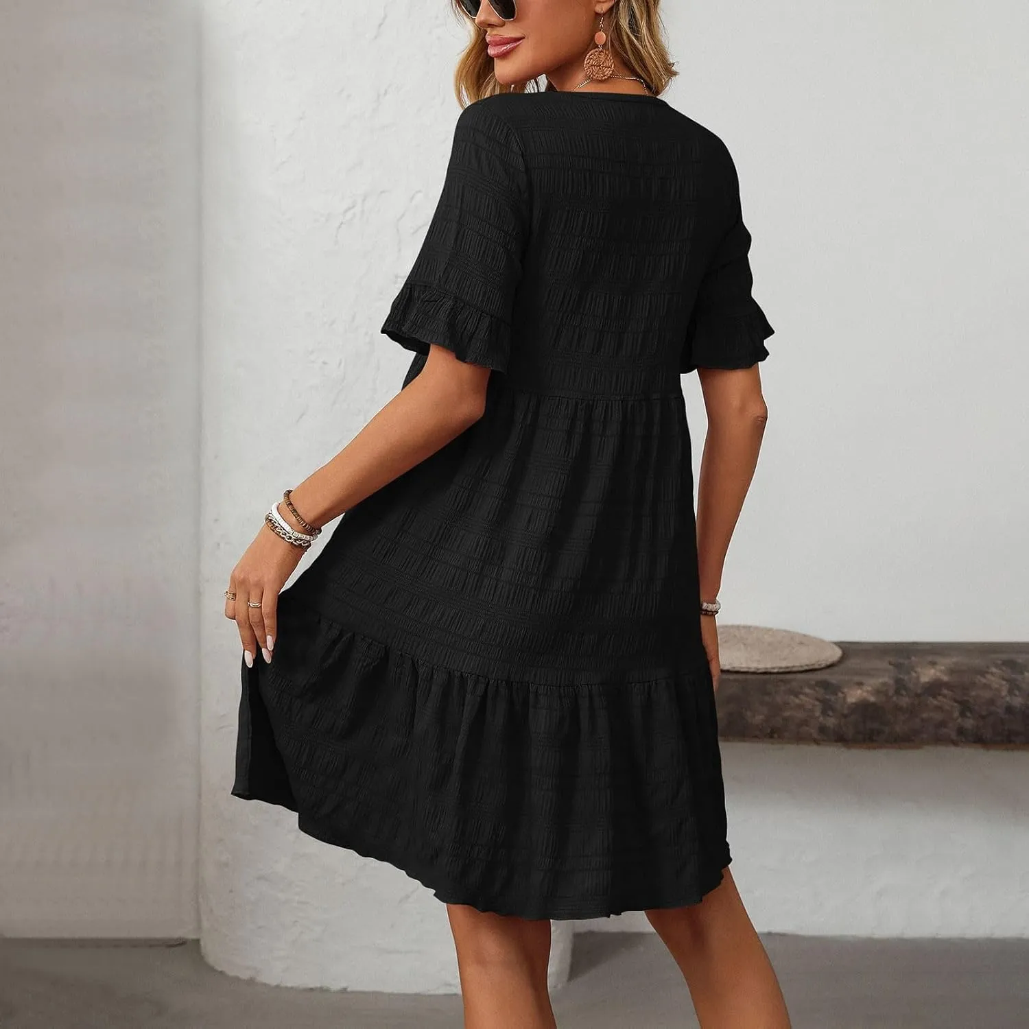 Women's Summer Dresses 2025 Beach Casual Boat Neck Loose Lightweight Soft Sundress Ruffle Short Sleeve Mini Dress