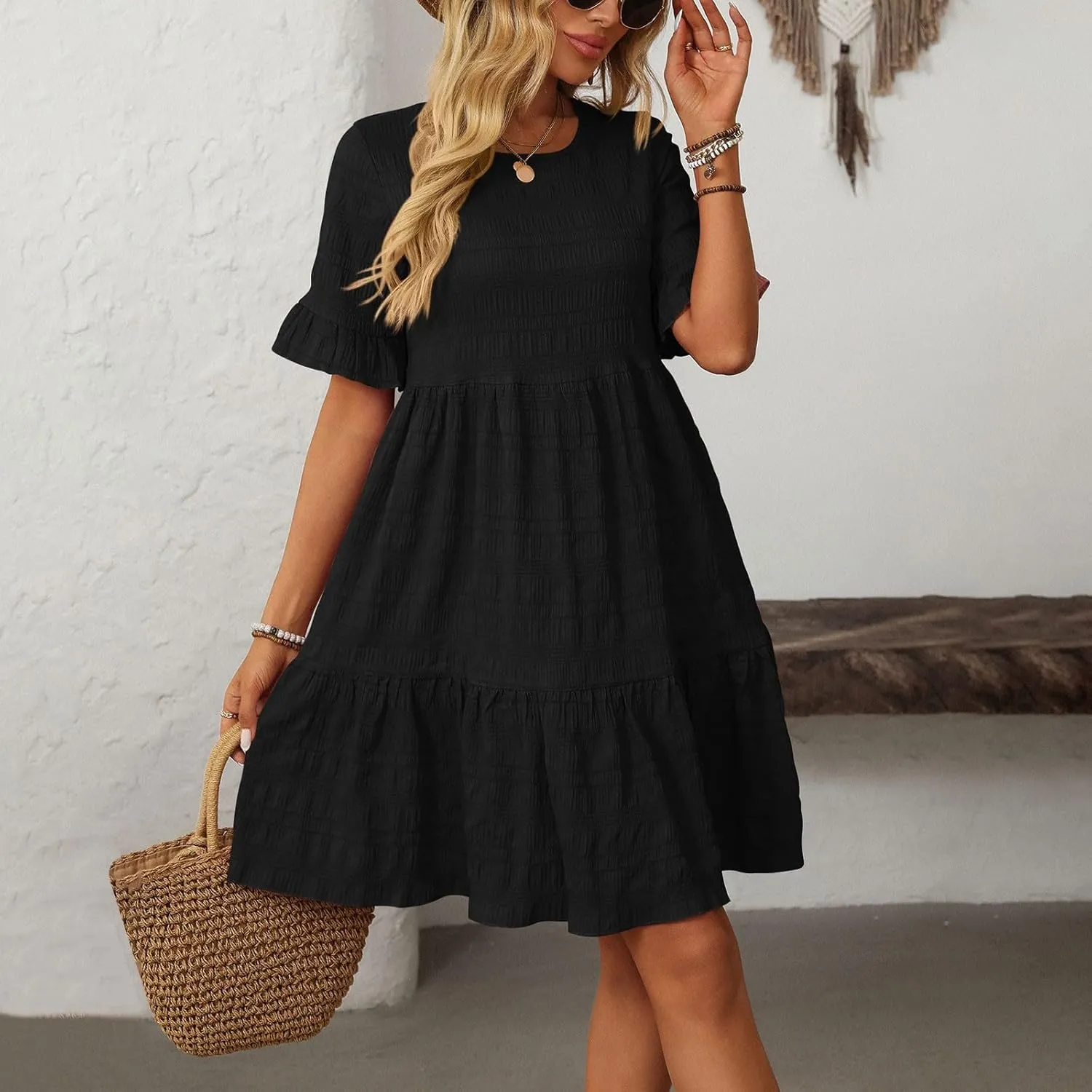 Women's Summer Dresses 2025 Beach Casual Boat Neck Loose Lightweight Soft Sundress Ruffle Short Sleeve Mini Dress