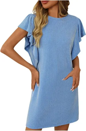 Women's Summer Dresses 2025 Beach Casual Boat Neck Loose Lightweight Soft Sundress Ruffle Short Sleeve Mini Dress