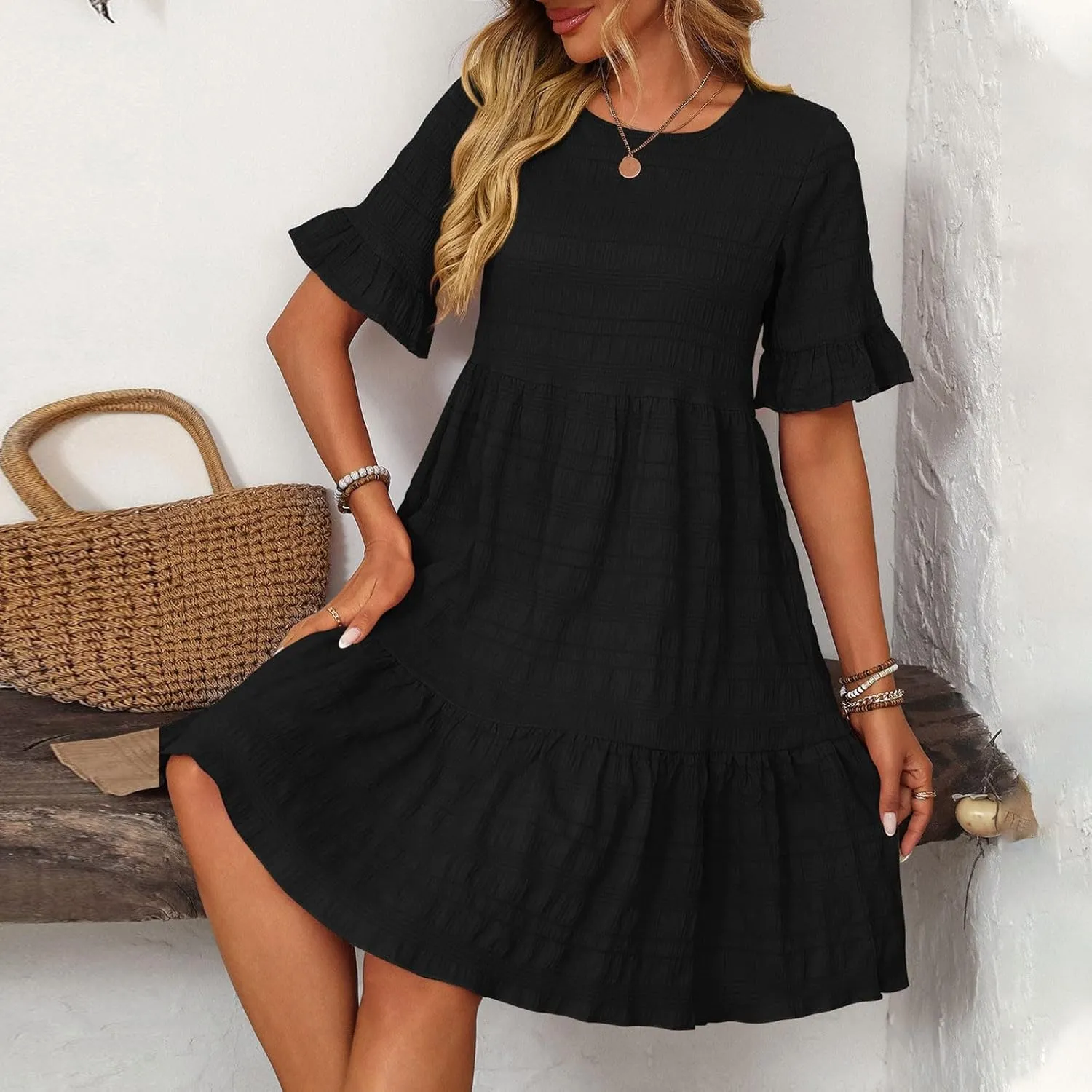 Women's Summer Dresses 2025 Beach Casual Boat Neck Loose Lightweight Soft Sundress Ruffle Short Sleeve Mini Dress