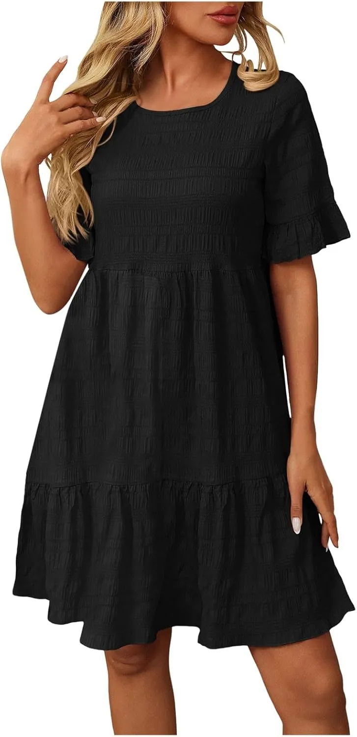 Women's Summer Dresses 2025 Beach Casual Boat Neck Loose Lightweight Soft Sundress Ruffle Short Sleeve Mini Dress