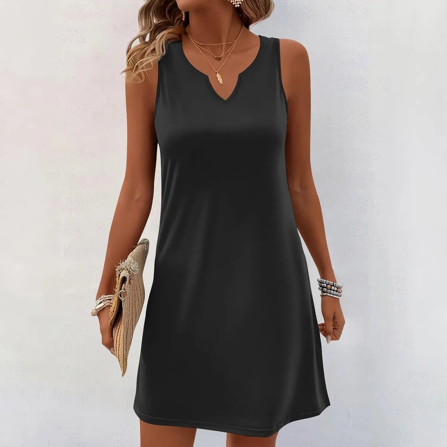 Womens Summer Dresses 2025 Casual V Neck Sleeveless Sundress Fashion Beach Print Dresses Elegant Vacation Mini-Dress