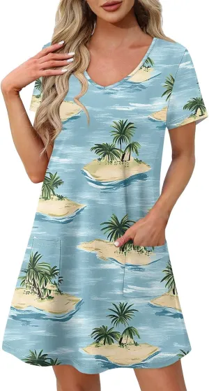 Womens Summer Dresses 2025 Loose V Neck Sleeveless Sundresses Swimsuit Coverup with Pockets Floral/Plain/Eyelet