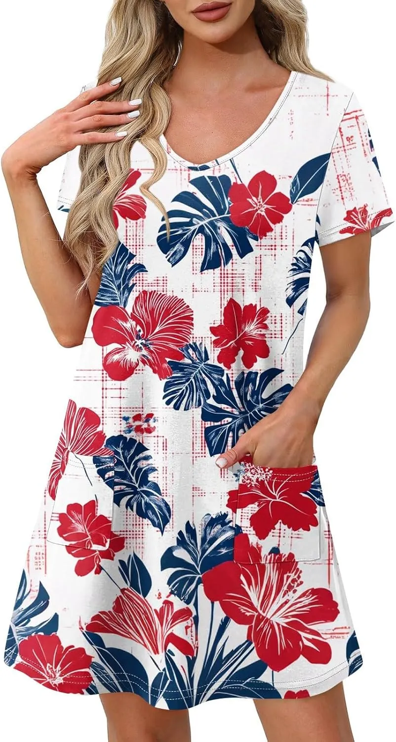 Womens Summer Dresses 2025 Loose V Neck Sleeveless Sundresses Swimsuit Coverup with Pockets Floral/Plain/Eyelet