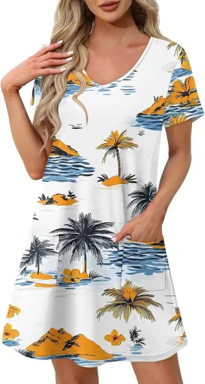 Womens Summer Dresses 2025 Loose V Neck Sleeveless Sundresses Swimsuit Coverup with Pockets Floral/Plain/Eyelet