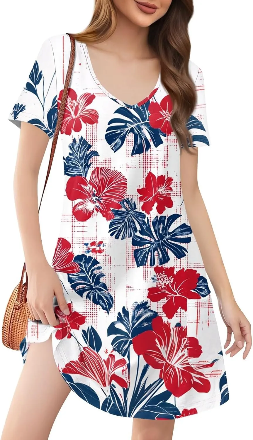Womens Summer Dresses 2025 Loose V Neck Sleeveless Sundresses Swimsuit Coverup with Pockets Floral/Plain/Eyelet
