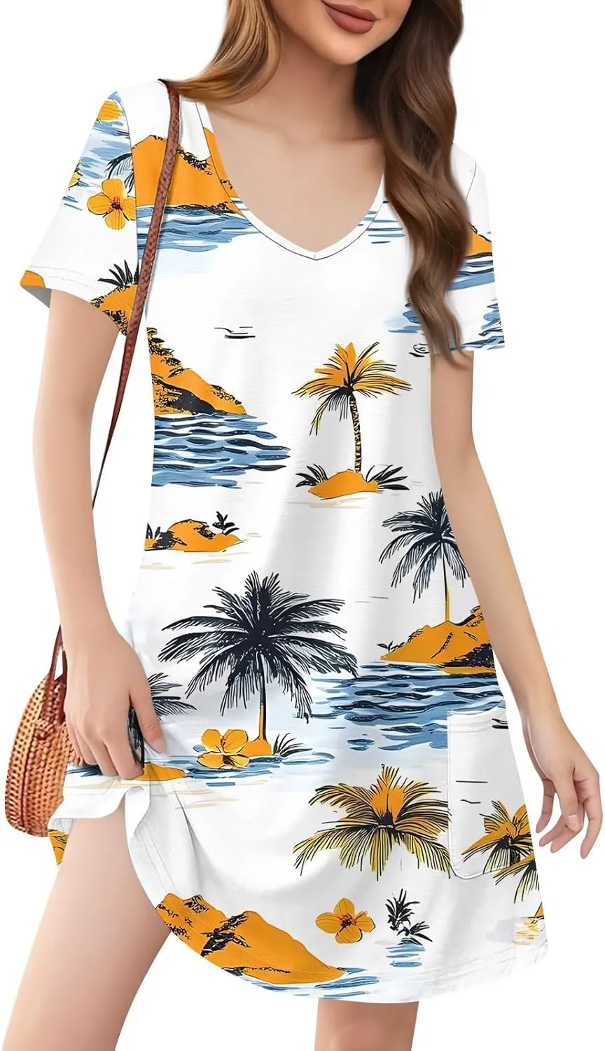 Womens Summer Dresses 2025 Loose V Neck Sleeveless Sundresses Swimsuit Coverup with Pockets Floral/Plain/Eyelet