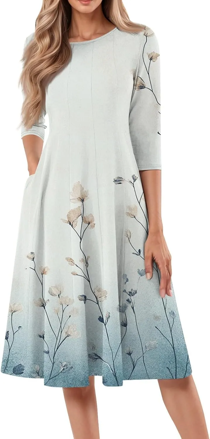 Women's Summer Dresses 2025 Neck Three Quarter Sleeves Floral Print Loose Boho Flowy with Pockets Midi Dress, S-3XL