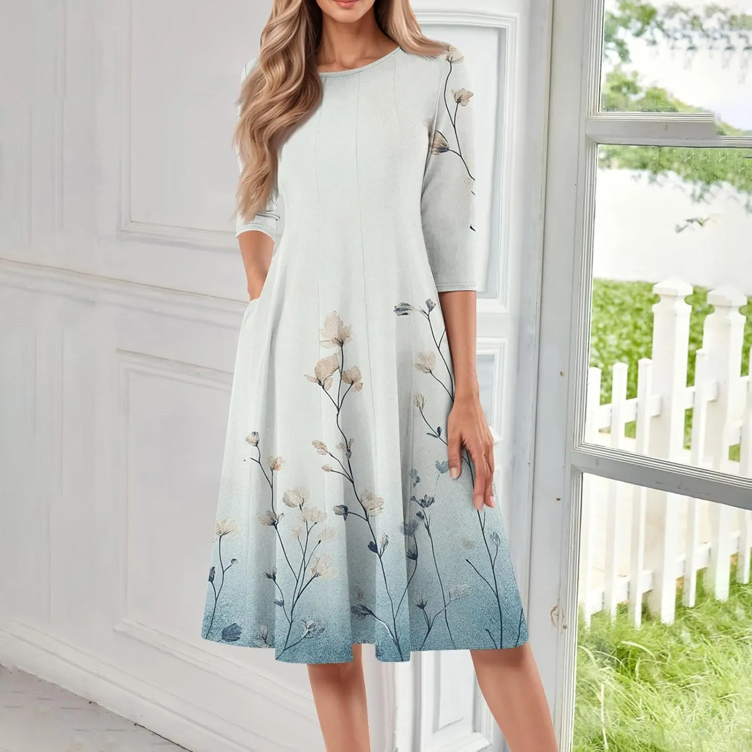 Women's Summer Dresses 2025 Neck Three Quarter Sleeves Floral Print Loose Boho Flowy with Pockets Midi Dress, S-3XL