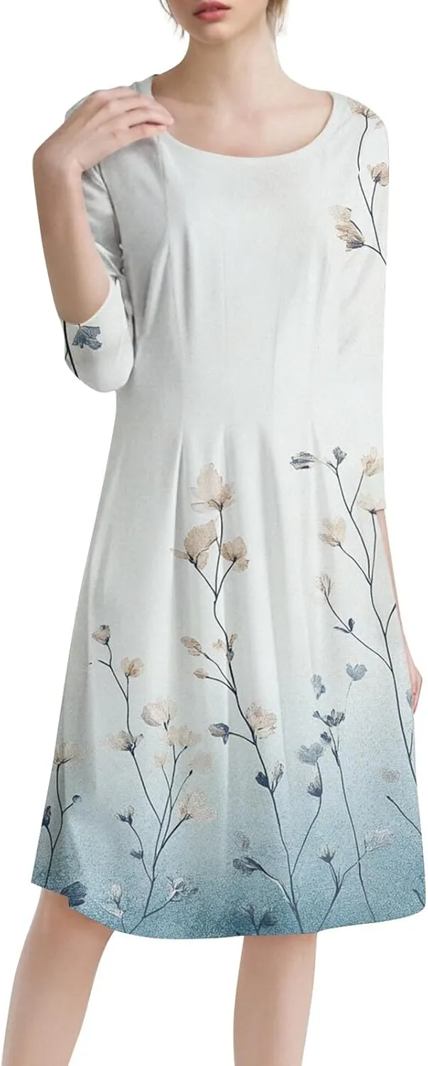 Women's Summer Dresses 2025 Neck Three Quarter Sleeves Floral Print Loose Boho Flowy with Pockets Midi Dress, S-3XL