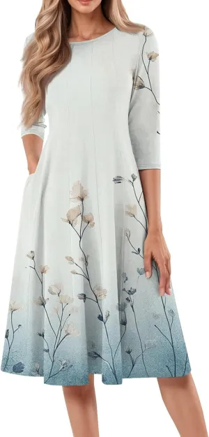 Women's Summer Dresses 2025 Neck Three Quarter Sleeves Floral Print Loose Boho Flowy with Pockets Midi Dress, S-3XL