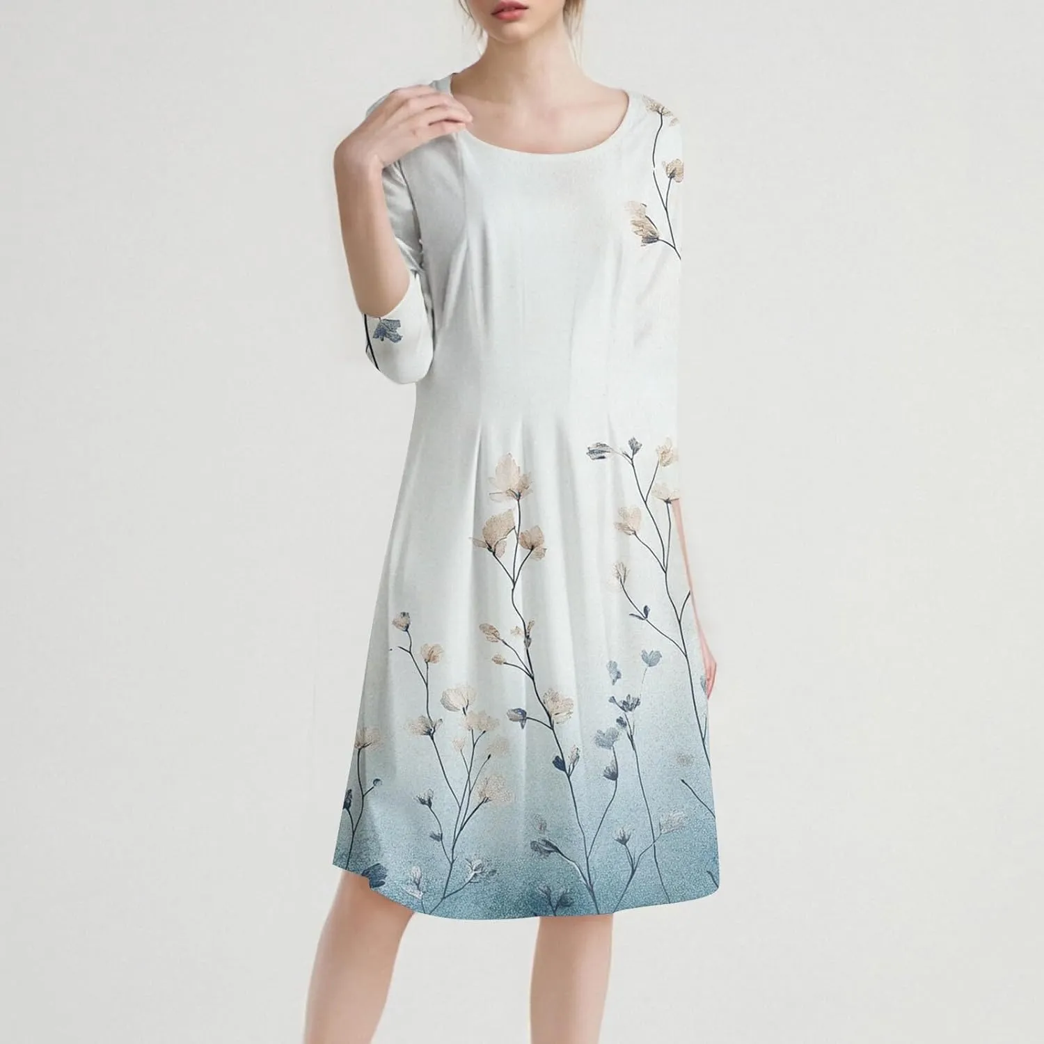 Women's Summer Dresses 2025 Neck Three Quarter Sleeves Floral Print Loose Boho Flowy with Pockets Midi Dress, S-3XL