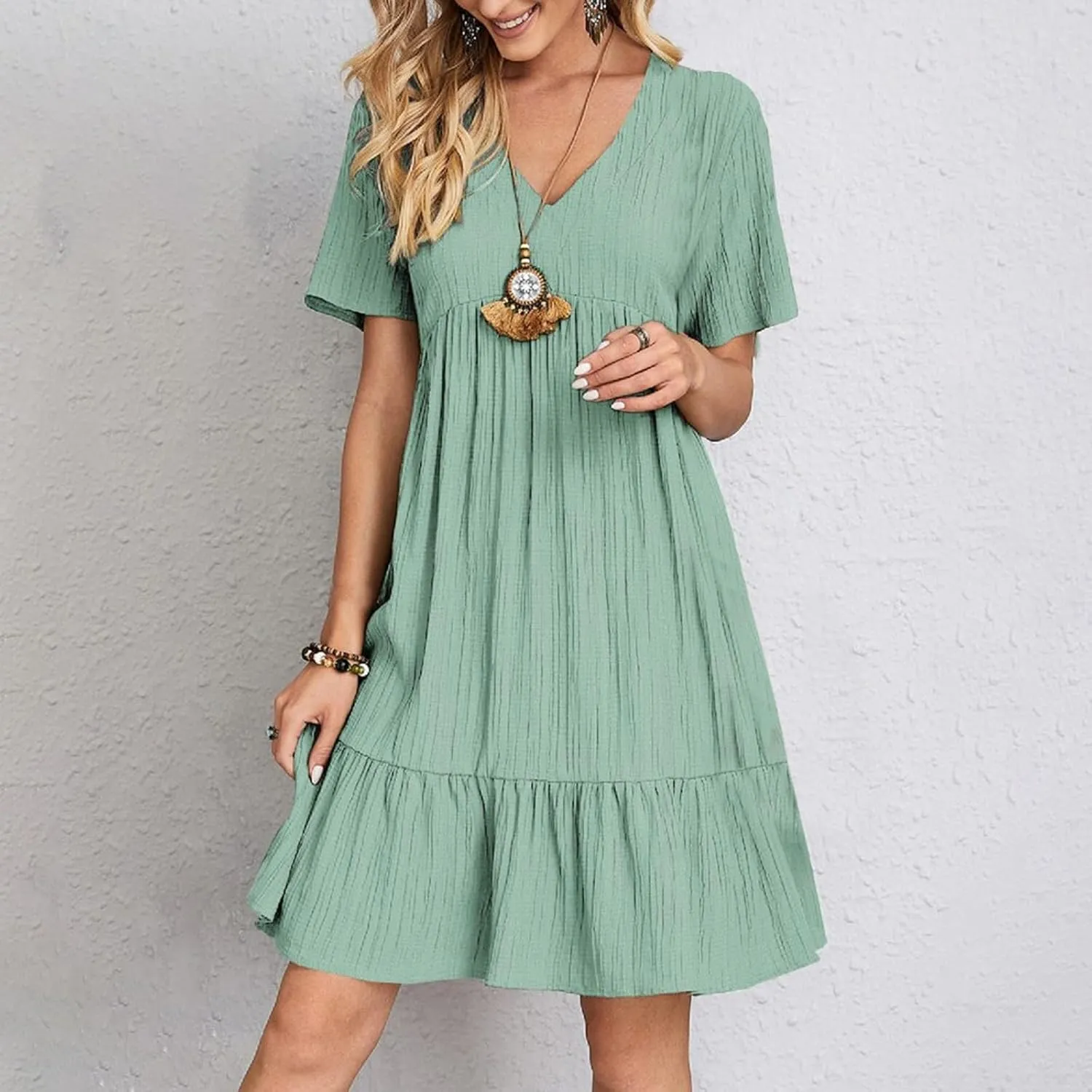 Womens Summer Dresses 2025 Spring Maxi Dresses Vacation Casual Tshirt Eyelet Linen Modest